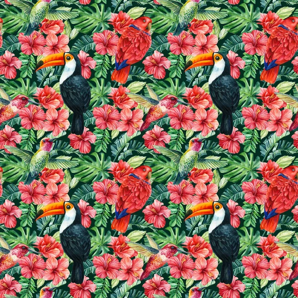 Watercolor summer plant tropical palm leaves, flowers, birds toucan, parrots. Seamless pattern Exotic jungle wallpaper.