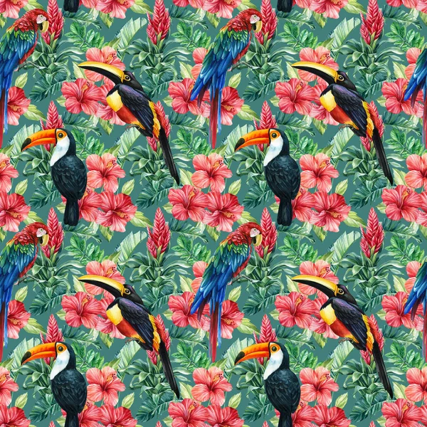 Tisk letních exotických listů tropické palmy. Vzor, bezešvé květinový a pták toucan, papoušci — Stock fotografie