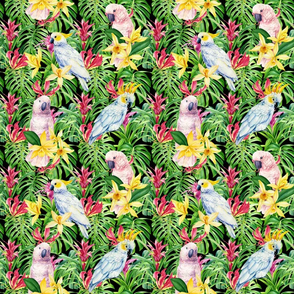 Watercolor summer exotic jungle plant tropical palm leaves, vanilla flowers. Pattern, seamless floral and parrots birds — Stockfoto