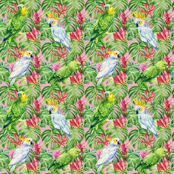 Imprimir hojas de palma tropical de plantas de selva exóticas de verano. Patrón, flores sin costura y loros pájaro —  Fotos de Stock