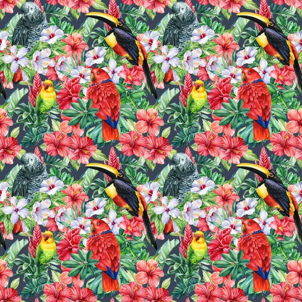 Print summer exotic jungle plant tropical palm leaves. Pattern, seamless floral and bird toucan, parrots — Stockfoto