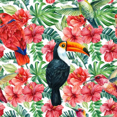 Yaz mevsiminin egzotik orman bitkisi tropikal palmiye yaprakları. Desen, pürüzsüz çiçek ve kuş tütünü, papağanlar.