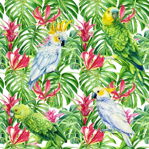 Zökkenőmentes trópusi minta, élénk trópusi lombozat egzotikus dzsungel növény, pálmalevelek, liliom virágok. Papagájmadarak kakadu — Stock Fotó