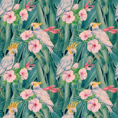 Tropik kuş papağanları, egzotik orman bitkileri yaprakları, çiçekler. Soyut arkaplan. Kusursuz desen. Pembe papağan