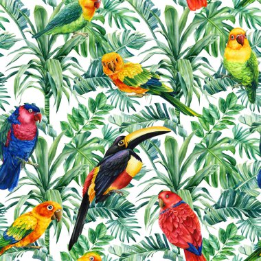 Yaz mevsiminin egzotik orman bitkisi tropikal palmiye yaprakları. Desen, pürüzsüz çiçek ve kuş tütünü, papağanlar.