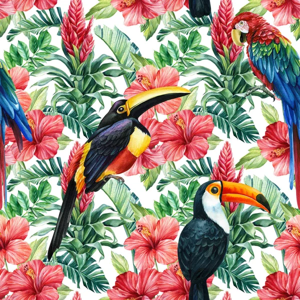 Summer exotic jungle plant tropical palm leaves, flowers. Seamless graphic design, birds toucan, parrots watercolor — Stockfoto