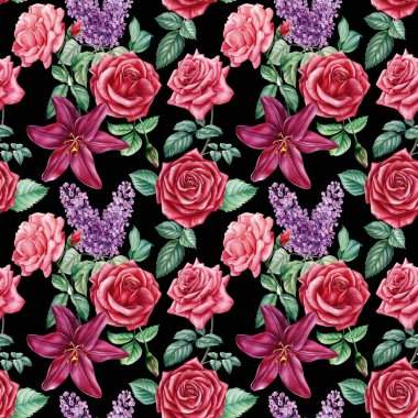 Yaz mevsimi çiçekleri. Çiçekli leylak, zambak, gül suluboya botanik illüstrasyon. Kusursuz desenli dijital kağıt