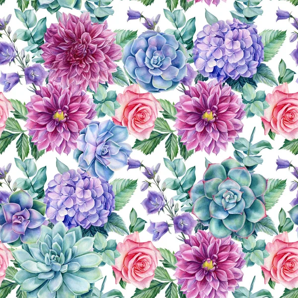 Sukulent, hortensja, lilia, róże i dahlia, akwarelowa ilustracja botaniczna. Płynny wzór Lato vintage kwiatowy — Zdjęcie stockowe