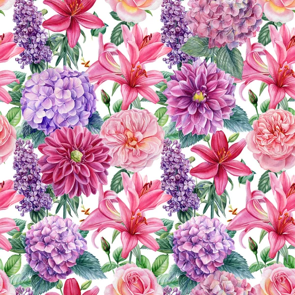 Sommarblommor. Blommande hortensia, rosor, dahlia, akvarell botanisk illustration. Sömlöst mönster digitalt papper — Stockfoto