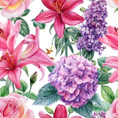 Yaz mevsimi çiçekleri. Çiçek açan ortanca, zambak, güller suluboya botanik çizimler. Kusursuz desenli dijital kağıt