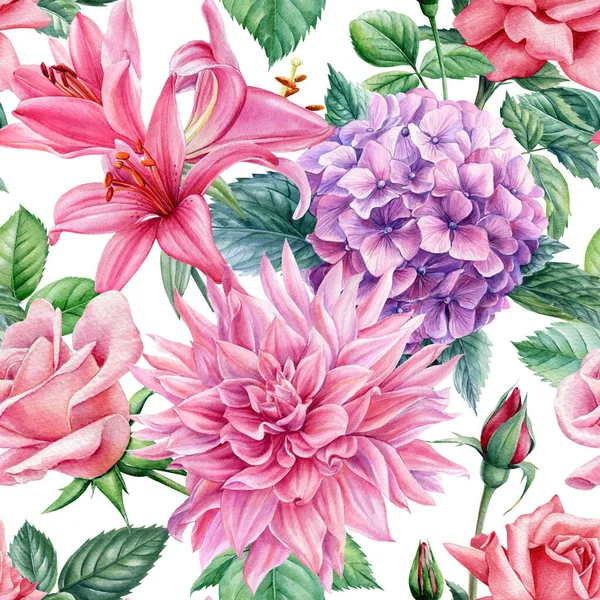 Sommarblommor. Blommande hortensia, rosor, dahlia, akvarell botanisk illustration. Sömlöst mönster digitalt papper — Stockfoto
