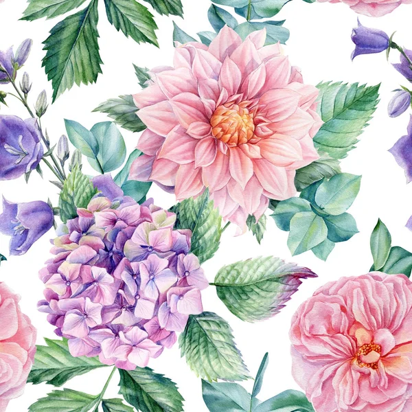 Hortensie, Lilie, Rosen und Dahlie, Aquarell botanische Illustration. Nahtloses Muster Sommer-Vintage-Blumen. — Stockfoto