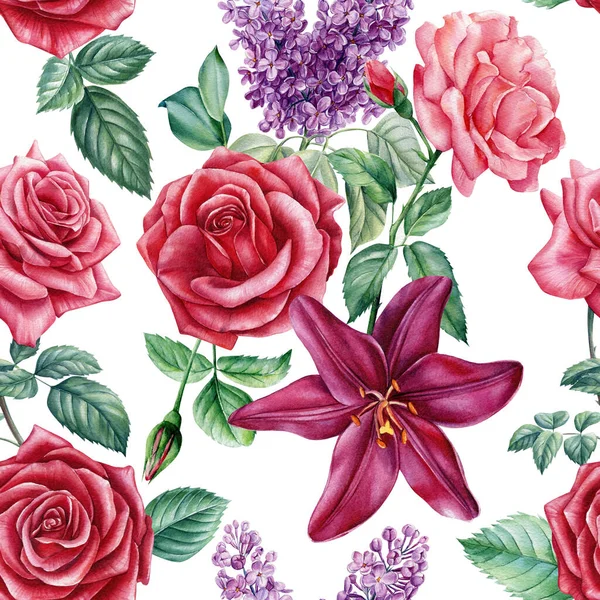 Letni rocznik kwiatowy. Kwitnący liliowy, lilia, róże akwarela botaniczna ilustracja. Płynny wzór papieru cyfrowego — Zdjęcie stockowe