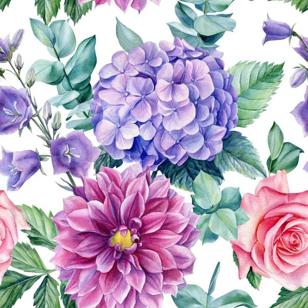 Hydrangea, lily, roses and dahlia, watercolor botanical illustration. Seamless pattern Summer vintage floral. — Fotografia de Stock