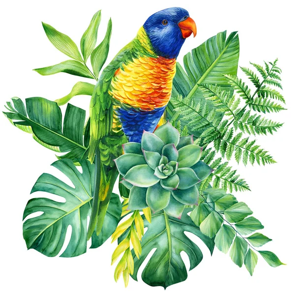 Tropikalne rośliny, papuga i zielone liście palmy na białym tle, ilustracja akwarela, projekt dżungli — Zdjęcie stockowe