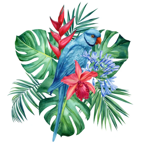 Ilustracja akwarela z niebieską papugą, tropikalnymi liśćmi, kwiatami. Izolacja na białym tle — Zdjęcie stockowe