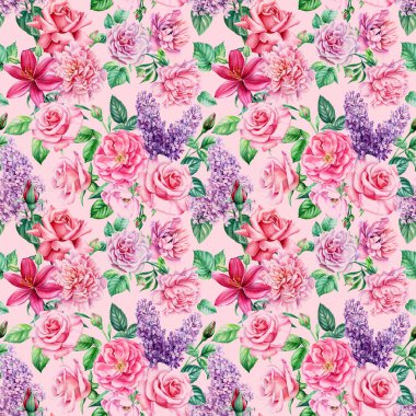 Kusursuz desen, çiçek şakayığı, gül, leylak. Suluboya resim, botanik resim