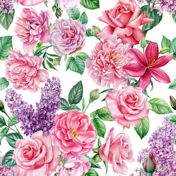 Modello senza cuciture con foglie e fiori peonia, rosa, lilla. Illustrazione ad acquerello, pepe digitale — Foto Stock