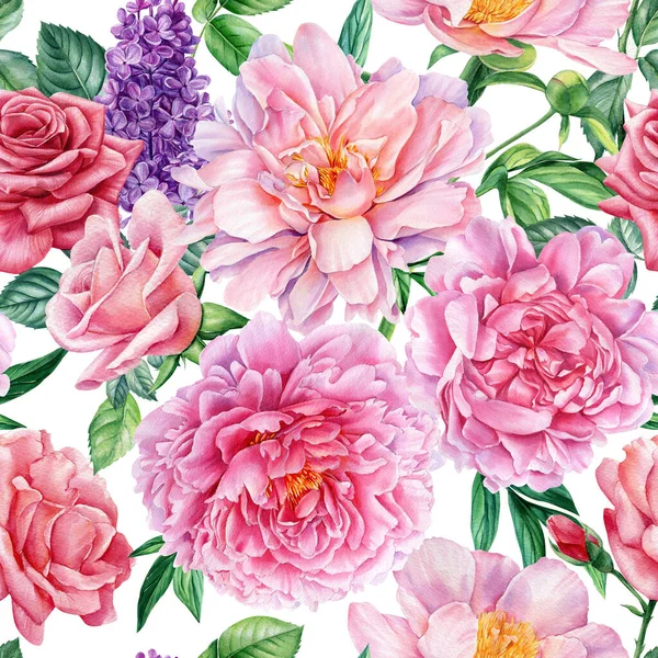 Modello senza cuciture con foglie e fiori peonia, rosa, lilla. Illustrazione ad acquerello, pepe digitale — Foto Stock