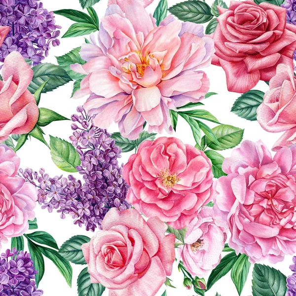Flores peônia, rosa, lilás. Pintura botânica aquarela, ilustração floral, padrão sem costura — Fotografia de Stock