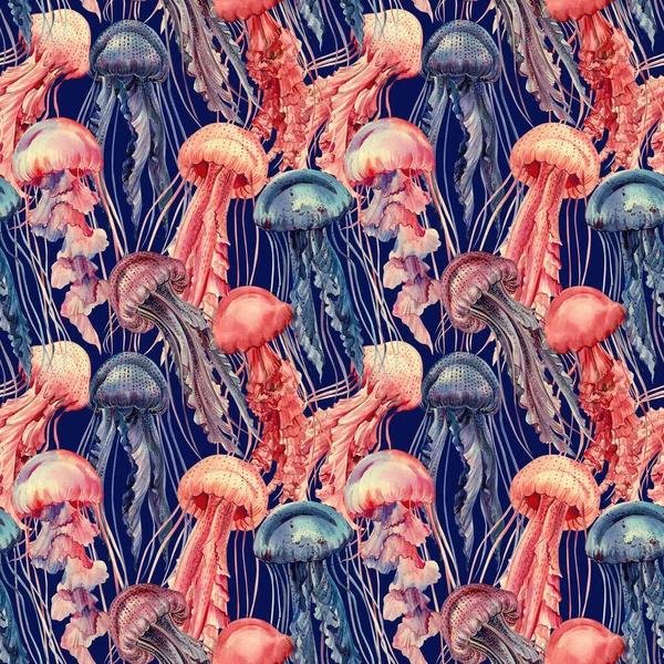 Seamless pattern with jellyfish. Marine background. watercolor illustration