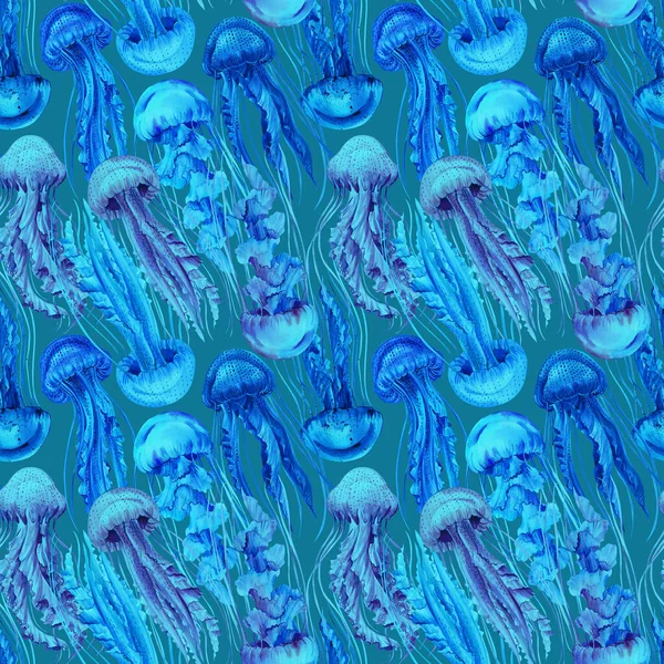 Морской опыт. Голубой безморский узор с медузами, акварельная иллюстрация. Море — стоковое фото