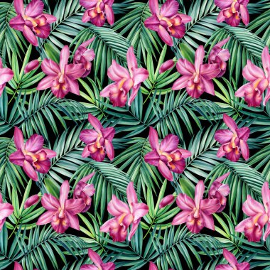 Palmiye yaprakları, siyah arka planda tropik çiçekler. Kusursuz desenler. suluboya botanik çizim. 