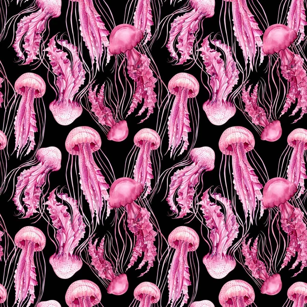 Seamless pattern with jellyfish. Marine background. watercolor illustration. Black background