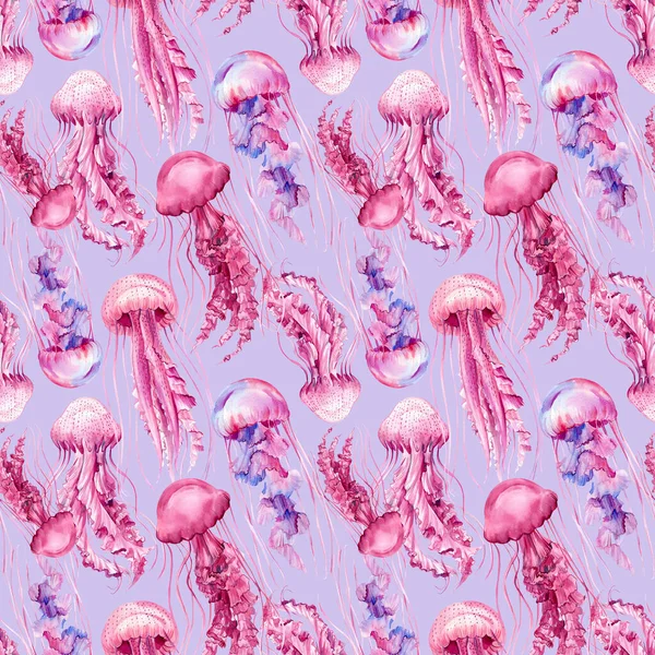 Patrón sin costuras con medusas. fondo violeta. acuarela ilustración —  Fotos de Stock