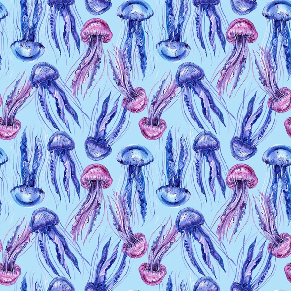 Nahtloses Muster mit Quallen. Blauer Hintergrund. Aquarellillustration — Stockfoto