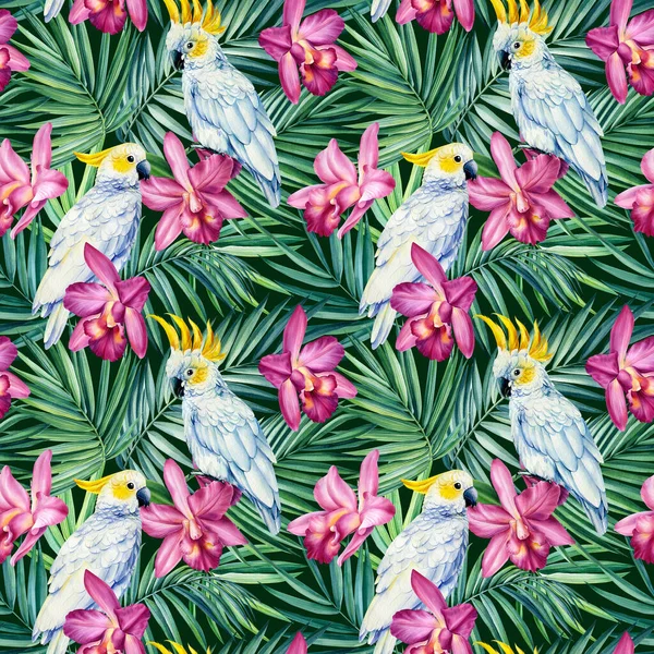 White cockatoo parrot, tropical pink flowers and palm leaves Seamless pattern, watercolor illustration