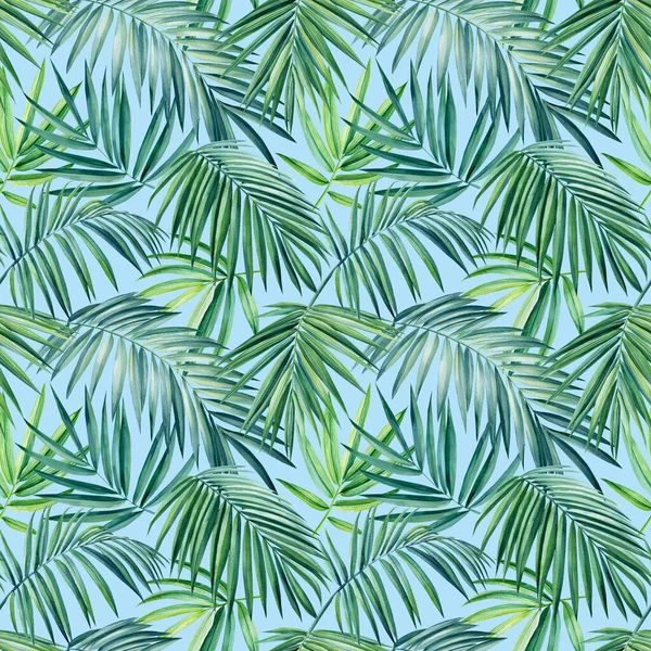 Тропические пальмовые листья, синий фон, акварельная ботаническая иллюстрация. Бесшовные шаблоны. — стоковое фото
