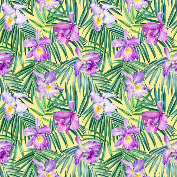 Palmblad, tropiska blommor på gul bakgrund. Sömlösa mönster. akvarell botanisk illustration. — Stockfoto