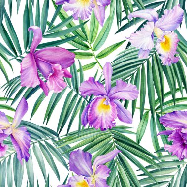 Suluboya palmiye yaprakları, beyaz arka planda tropik çiçek orkidesi. Kusursuz desenler. 