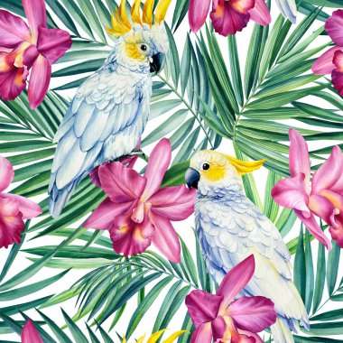 Papağan, tropikal çiçekler ve kusursuz desenler. suluboya resimleme