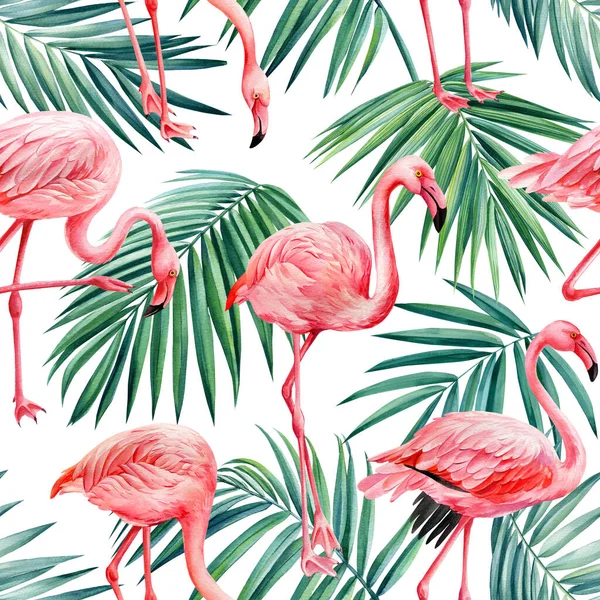 Flamingo. Tropics Padrão sem costura com folhas. ilustração aquarela — Fotografia de Stock