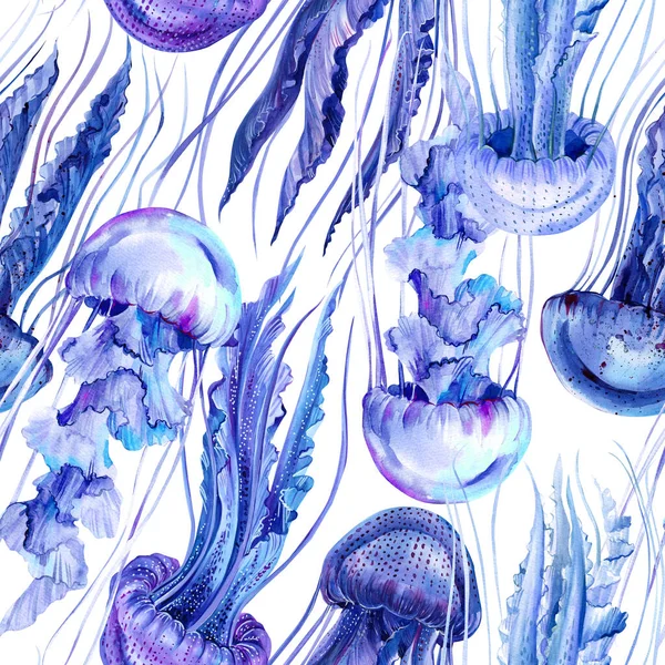 青いクラゲとシームレスなパターン。海を背景に。水彩画 — ストック写真