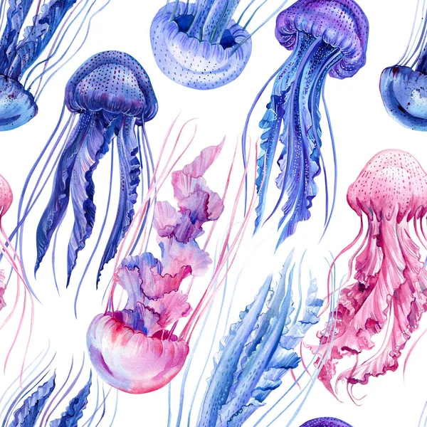 クラゲ、水彩イラスト。シームレスな明るいパターン — ストック写真