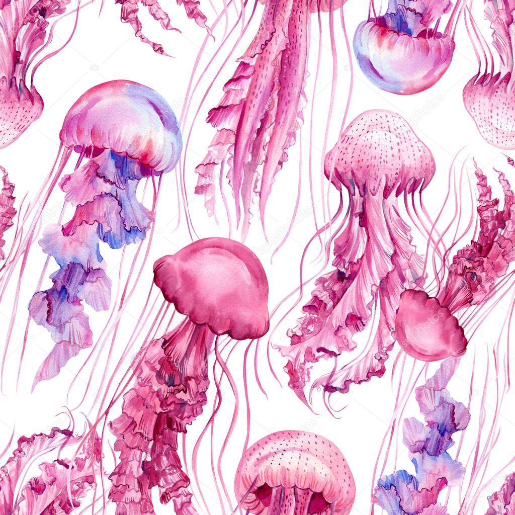 Watercolor jellyfish Seamless pattern. Pink jelly