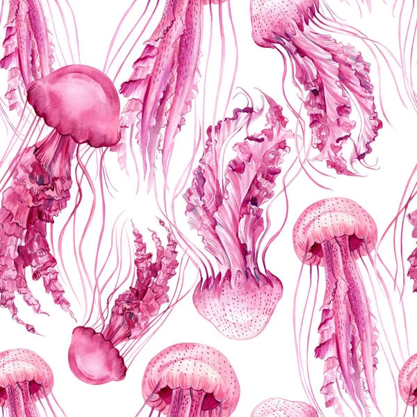 Padrão sem costura com água-viva. Fundo marinho. ilustração aquarela rosa — Fotografia de Stock