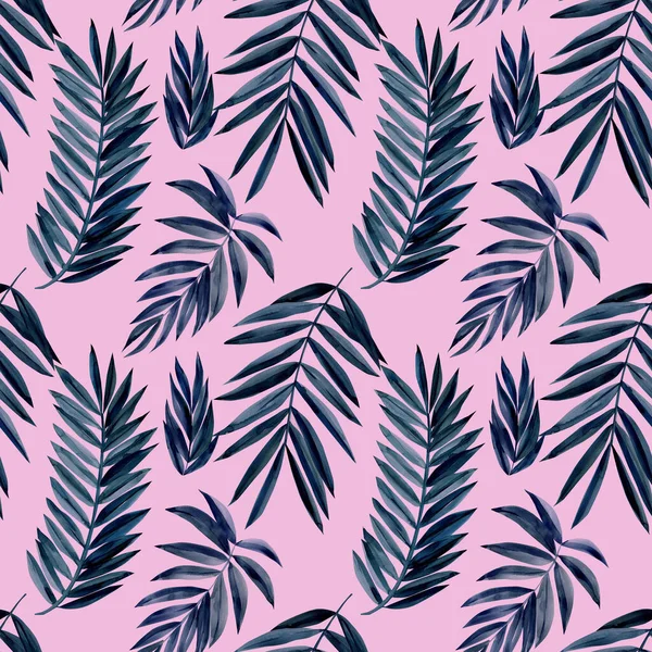 Akvarell lämnar rosa mönster gren av en palm. Sömlös textur. — Stockfoto
