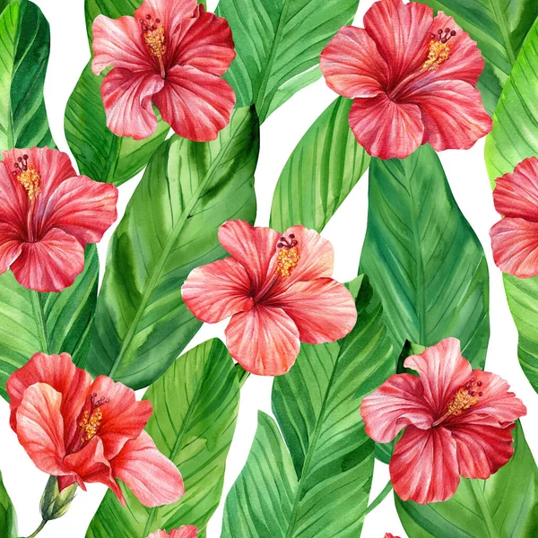 Watercolor exotic tropical seamless pattern with hibiscus, palm leaves. Summer background for fabric, print design. — Stock Photo, Image