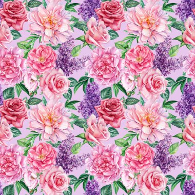 Suluboya desensiz çiçek şakayığı, gül, leylak. Çiçek tasarımı 