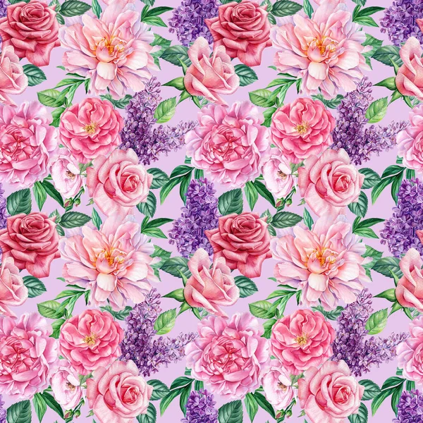 Acquerello Motivo senza cuciture fiori peonia, rosa, lilla. Design floreale — Foto Stock