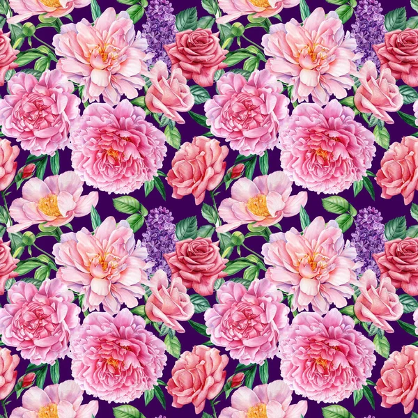 Şakayık, gül, leylak. Çiçek tasarımı. Suluboya kusursuz desen