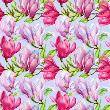 Çiçekler ve manolya yapraklarıyla kusursuz desen. Suluboya çizimi