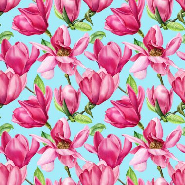 Manolya çiçekleri, suluboya flora, pürüzsüz desen, dijital kağıt