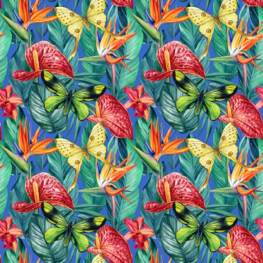 Kusursuz desenli tropik çiçekli anthurium, strelitzia reginae, yapraklar ve kelebek, suluboya resim