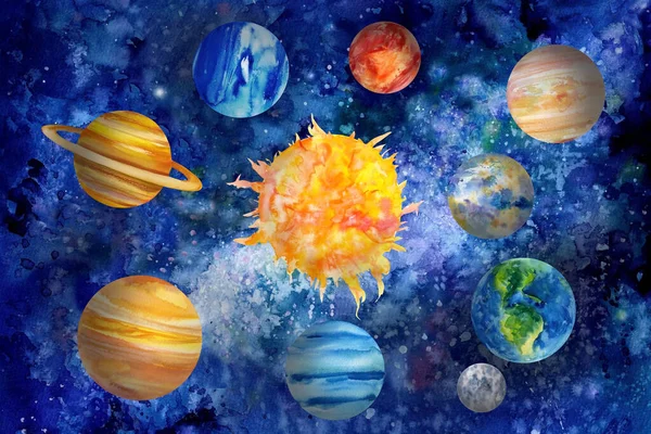 Ηλιακό σύστημα, υδάτινοι πλανήτες, απομονωμένο λευκό φόντο, χέρι σχέδιο χώρο εικονογράφηση — Φωτογραφία Αρχείου