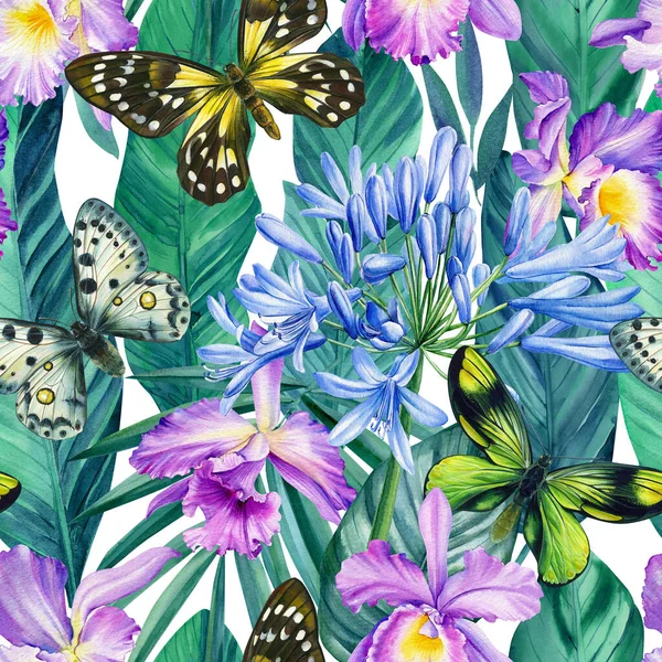 Modello senza cuciture con fiori di orchidea tropicale, Agapanto, foglie di palma e farfalla, pittura ad acquerello — Foto Stock